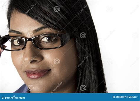 Pretty Woman Hold Her Framed Glasses Smiling Stock Image Image Of