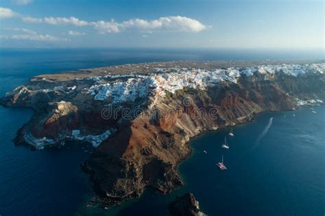 Aerial View Flying Over City Of Oia On Santorini Greece Stock Image