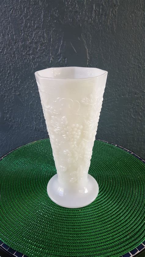 Vintage Tall Milk Glass Vase Grape Pattern Etsy