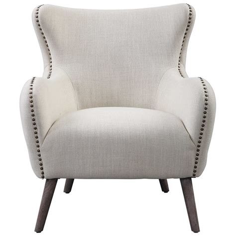Tufted Linen Wingback Chair With Nailhead Trim Cream Scenario Home