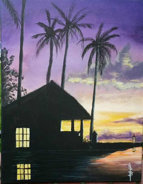 Sunset Lake Beach House Acrylic Painting