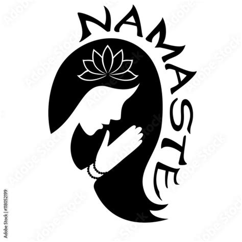 Indian Greeting Banner Namaste With Silhouette Of Young Woman Stock