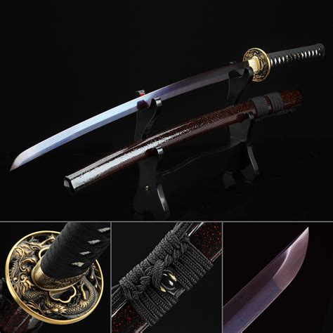 Handmade Damascus Steel Purple Blade Real Copper Dragon Tsuba Japanese
