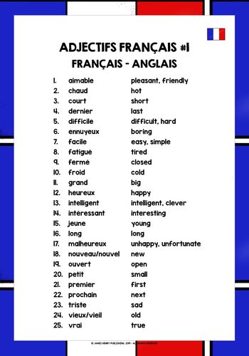 French Adjectives Reference List 1 Teaching Resources