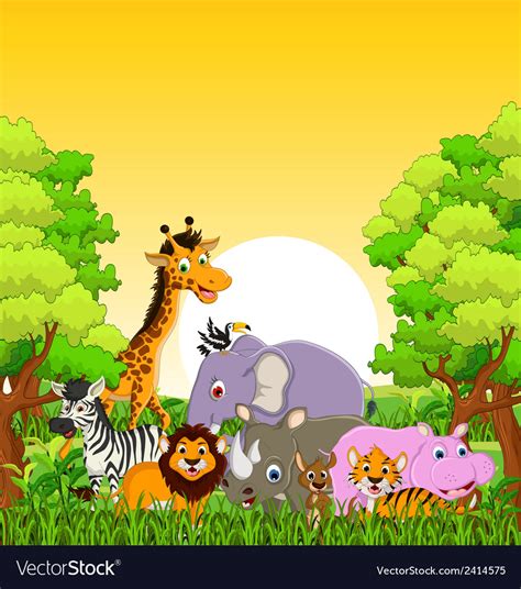 Animal Wildlife Cartoon With Forest Background Vector Image