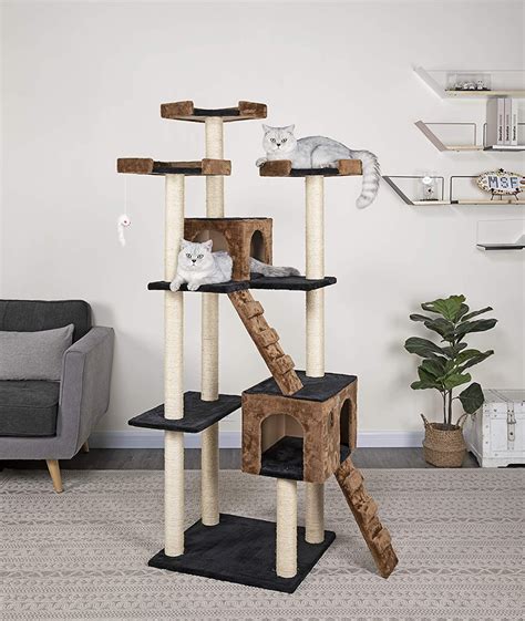 A Cat Tree With Two Cats On Top And One Sitting On The Ground In Front