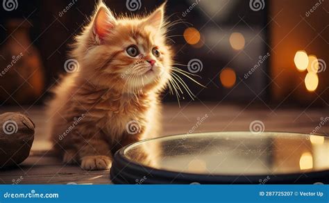 Kitten Looking At Round Mirror On Table Male Lion Generative AI Stock Image Image Of Cute
