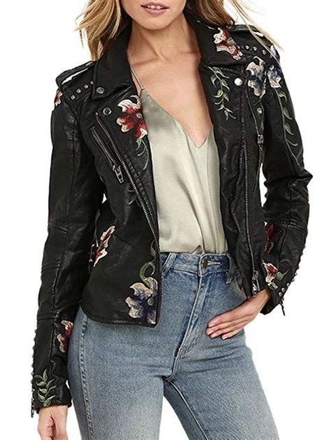 Berrygo Women S Floral Embroidered Faux Leather Moto Jacket Coat Black L Embroidered Leather