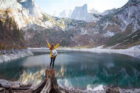 Girl Stands On The Shore Of A Mountain Lake Stock Image Image Of