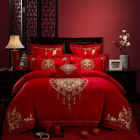 47pcs Chinese Style Bedclothes Bedding Set Red Bed Linen Wedding Queen King Size Embroidery