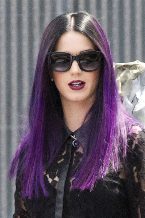 Katy Perry Straight Purple Dark Roots Flat Ironed Uneven