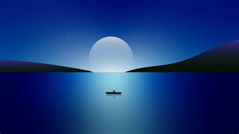 Moon Wallpaper 4k Night Seascape Sailing Boat Blue Minimal 5k