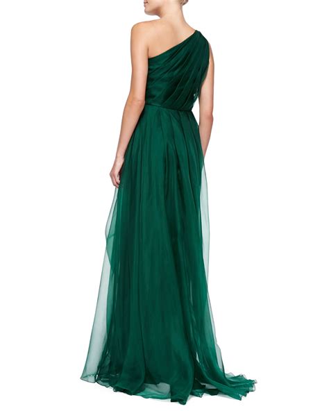 Badgley Mischka One Shoulder Draped Gown With Beaded Side Cluster