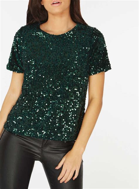 J2017 Green Sequin Embellished T Shirt Fashion Clothes Green Sequins