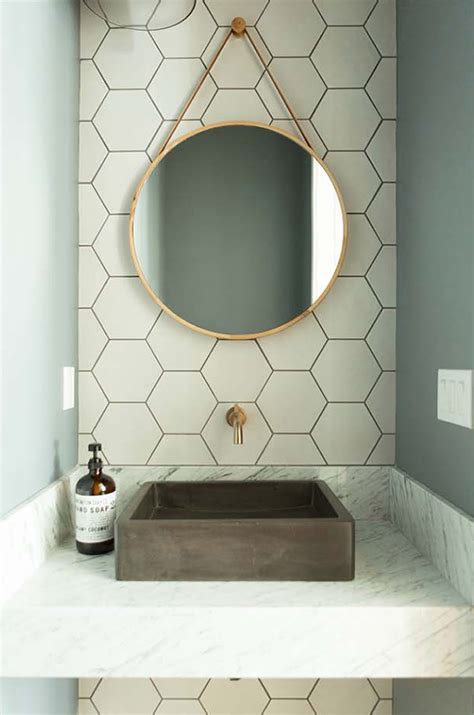 Contemporary Powder Room With Floating Sink Vanity And Gold Bowl Sink