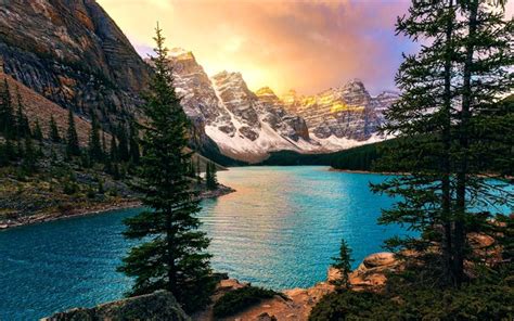 Télécharger Fonds Décran Le Lac Moraine 4k Banff Coucher De Soleil