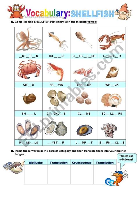 Shellfish Pictionary Esl Worksheet By Atlantis1971