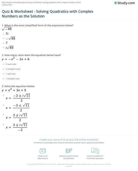 Quadratic Equations With Imaginary Numbers Worksheet