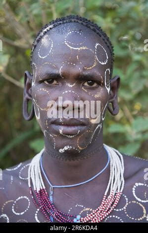 Surma Man With Body Painting Face Painting Surma Tribe Kibish Omo Valley Ethiopia Stock