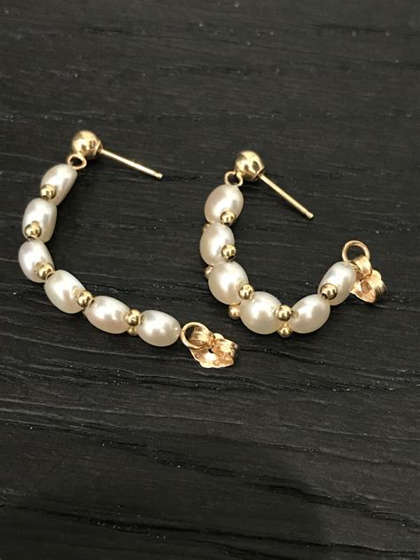 14k Yellow Gold Pearl Earrings Etsy
