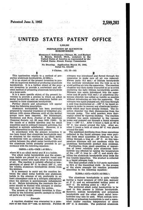 US Patent 2599203: Preparation of aluminum borohydride : Atomic Energy Commission : Free ...