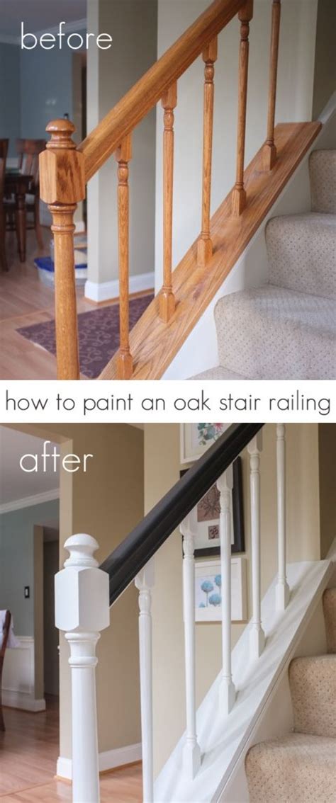 Painted banisters take your home's stairway to new heights, turning an often boring, utilitarian space into an area worth noticing. How to paint an oak stair railing black and white | Oak ...