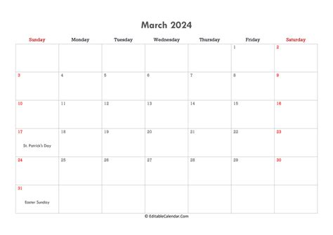 Editable Calendar March 2024