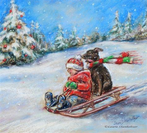 Snow Scene Winter Sled Ride Child And Dog Holiday Winter Canvas Or