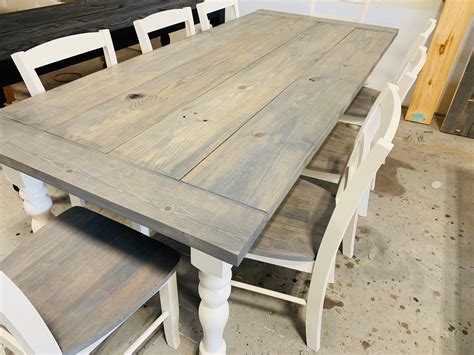 7ft Rustic Farmhouse Table With Turned Legs Chair Set Classic Gray Top
