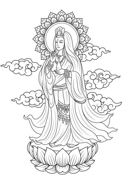 Quanyin Or Guan Yin Stand On Lotus With Aureole Behind Head And Cloud