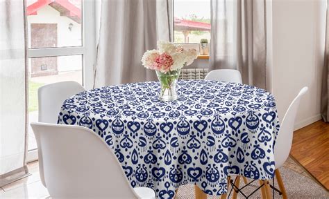 Navy Blue Round Tablecloth Traditional Ikat Pattern Retro Style