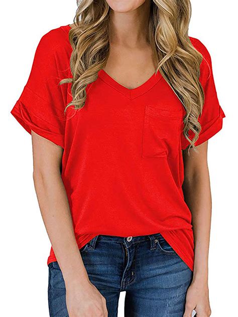 Plus Size Women Solid Short Sleeve Loose T Shirts Ladies Summer Casual V Neck Blouse Tops Shirt
