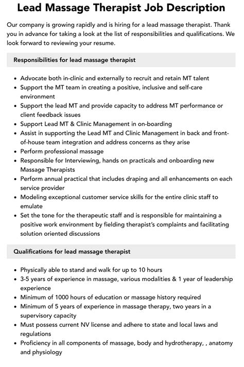 Lead Massage Therapist Job Description Velvet Jobs