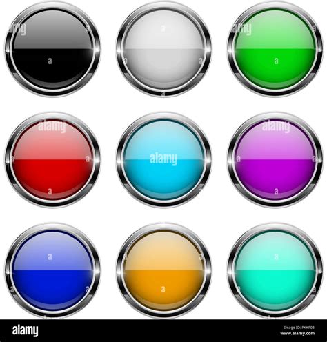 Colored Glass 3d Buttons With Chrome Frame Round Icons Stock Vector