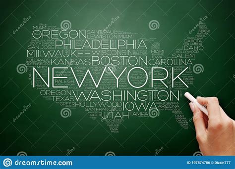 Usa Map Word Cloud Collage With Most Important Cities Stock Photo