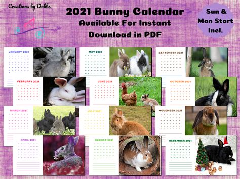 2021 Calendar Printable Bunny Calendar Pdf Digital Download Etsy