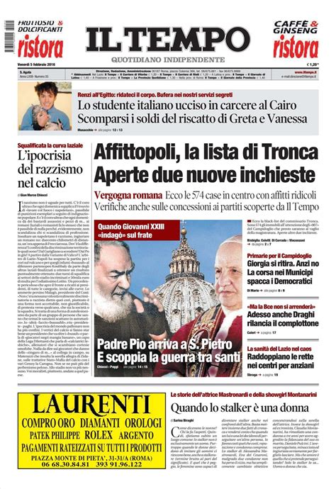 Le Prime Pagine Dei Quotidiani Che Sono In Edicola Oggi 5 Febbraio 2016