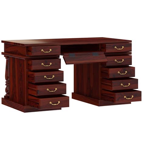 Rustic Solid Wood Home Office Executive Desk With 11 Drawers