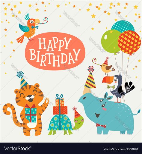 Cute Jungle Animals Happy Birthday Card Royalty Free Vector