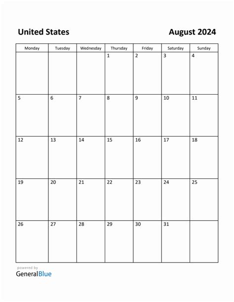 Free Printable August 2024 Calendar For United States