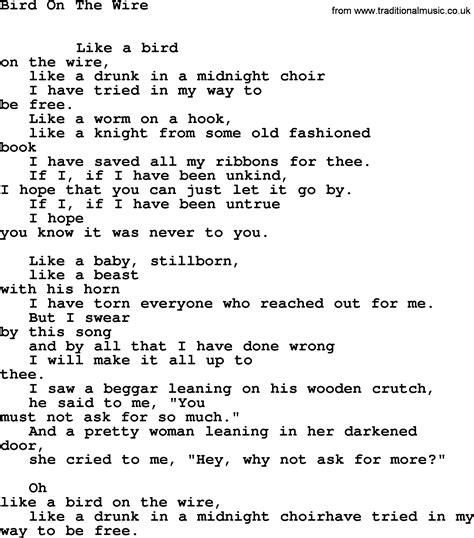 Leonard Cohen Song Bird Wire Lyrics