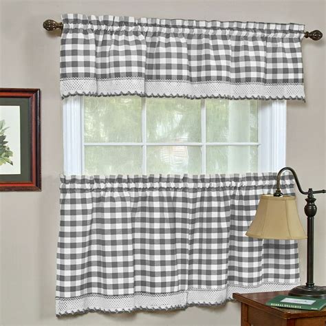 Country Farmhouse Complete 3 Pc Plaid Checkered Café Kitchen Curtain