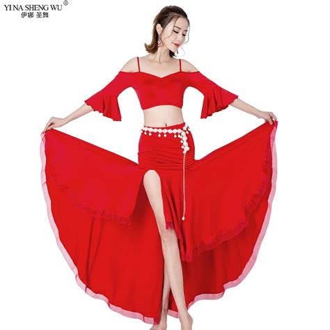 Womens Belly Dance Set Costume 2pcs Top Long Skirt Belly Dancing Clothes Sexy Fashion Wear Girl
