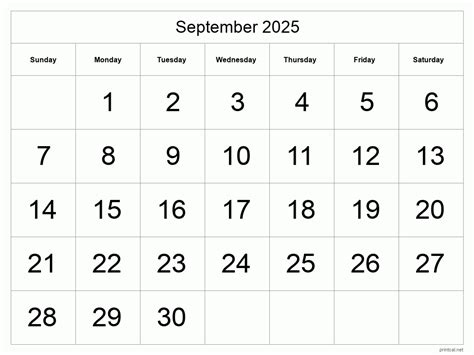 Printable September 2025 Calendar Big Dates
