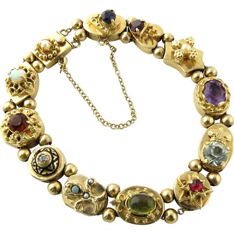 Vintage 14k Yellow Gold Slide Charm Bracelet With Multiple Gemstones