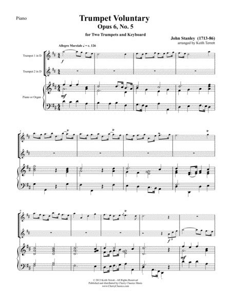 Trumpet Voluntary Op 6 No 5 For Two Trumpets And Piano Or Organ Sheet