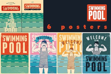 Swimming Pool Vintage Style Posters Decorative Illustrations ~ Creative Market