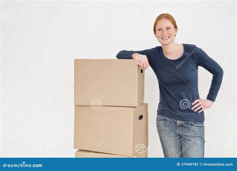 Happy Woman With Moving Boxes Stock Image Image Of Happy Ship 37949187