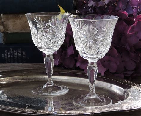 Vintage Cut Crystal Cordial Glasses Set Of 2 Hobstar And Starburst Pattern Etched Base Bar Cart