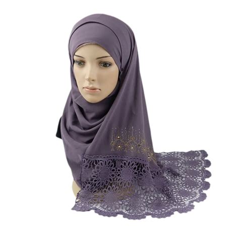 Plain Fashion Wholesale Chiffon Hijab Scarf Beaded Dubai Muslim Border Lace Hijab Buy Satin